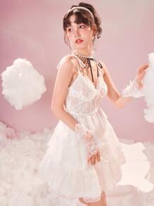 ROMWE Contrast Lace Tie Shoulder Cami Dress - White - View 6