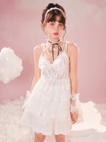 ROMWE Contrast Lace Tie Shoulder Cami Dress - White - View 7