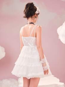 ROMWE Contrast Lace Tie Shoulder Cami Dress - White - View 8
