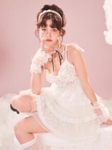 ROMWE Contrast Lace Tie Shoulder Cami Dress - White - View 9