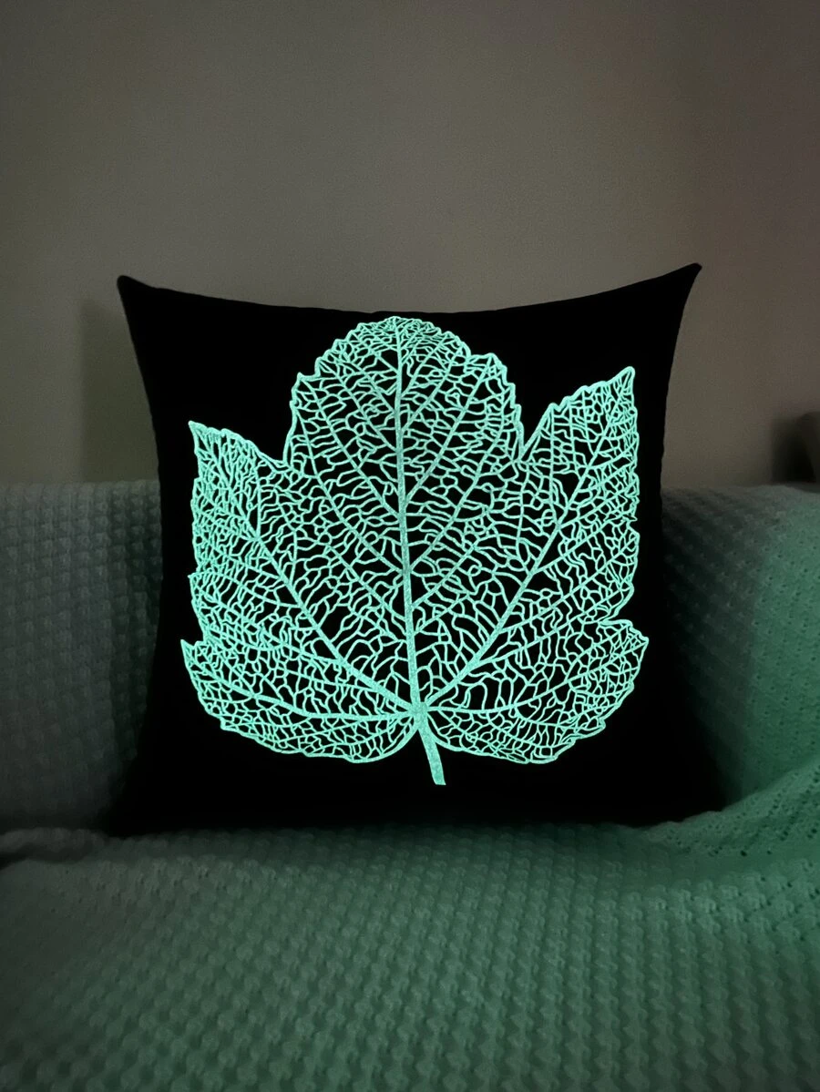 1入組葉子圖案夜光裝飾抱枕套客廳用現代布藝靠墊套家居裝飾 - 黑色 - 查看 1