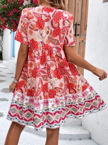 SHEIN VCAY Paisley Print Tie Neck Ruffle Hem Smock Dress - Multicolor - View 2