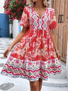 SHEIN VCAY Paisley Print Tie Neck Ruffle Hem Smock Dress - Multicolor - View 4