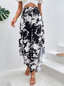 SHEIN VCAY Floral Print Asymmetrical Hem Wide Leg Trousers - Black and White - View 1