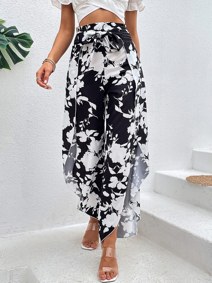 SHEIN VCAY Floral Print Asymmetrical Hem Wide Leg Trousers - Black and White - View 1