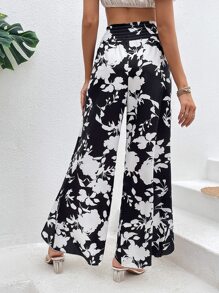 SHEIN VCAY Floral Print Asymmetrical Hem Wide Leg Trousers - Black and White - View 2