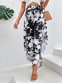 SHEIN VCAY Floral Print Asymmetrical Hem Wide Leg Trousers - Black and White - View 3