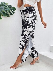 SHEIN VCAY Floral Print Asymmetrical Hem Wide Leg Trousers - Black and White - View 5