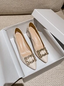 Women Rhinestone Decor Pumps, Point Toe Chunky Heeled Glamorous Court Pumps For Outdoor - Beige - View 1