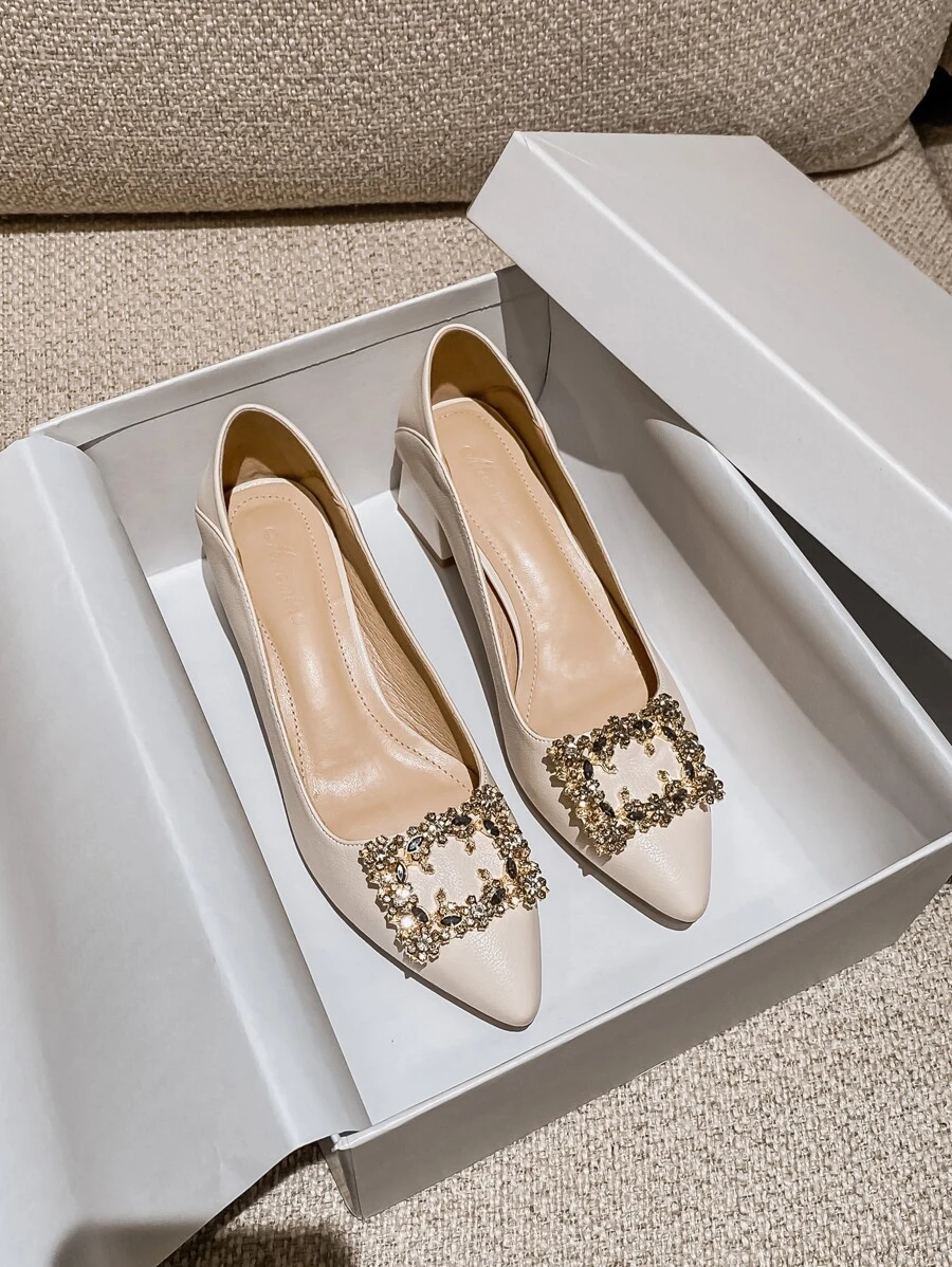 Women Rhinestone Decor Pumps, Point Toe Chunky Heeled Glamorous Court Pumps For Outdoor - Beige - View 1