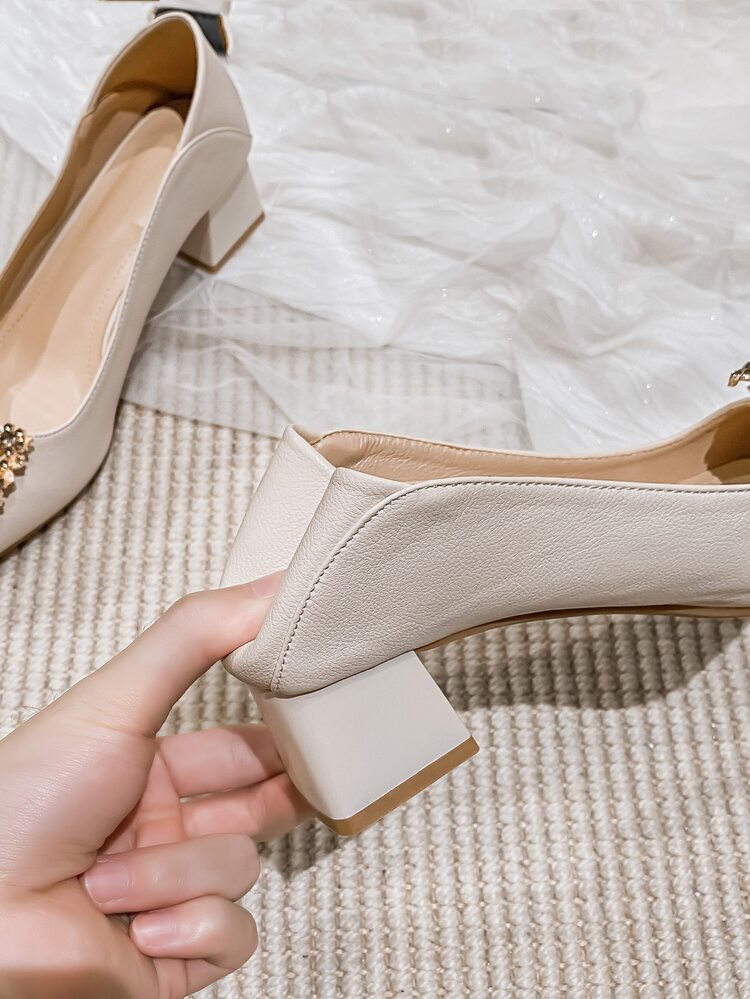 Women Rhinestone Decor Pumps, Point Toe Chunky Heeled Glamorous Court Pumps For Outdoor - Beige - View 4