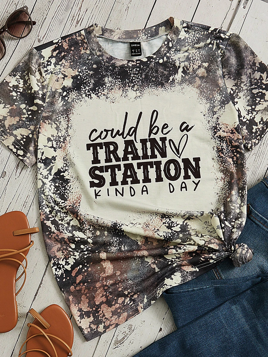 SHEIN LUNE Áo thun nữ Slogan Giải trí - Nhiều màu - Xem 1