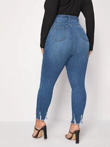 Jeans ajustados de talle alto desgarro ribete sin dobladillo - Azul lavado medio - Ver 2