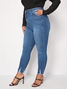 Jeans ajustados de talle alto desgarro ribete sin dobladillo - Azul lavado medio - Ver 4