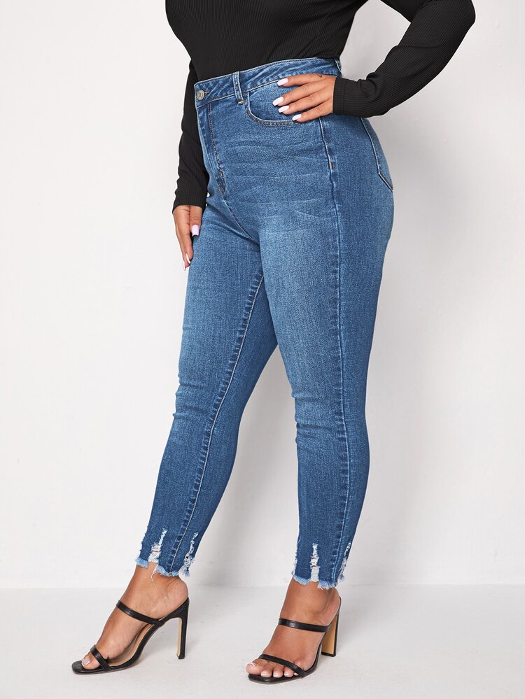 Plus High Waist Ripped Raw Cut Skinny Jeans - Medium Wash - View 4