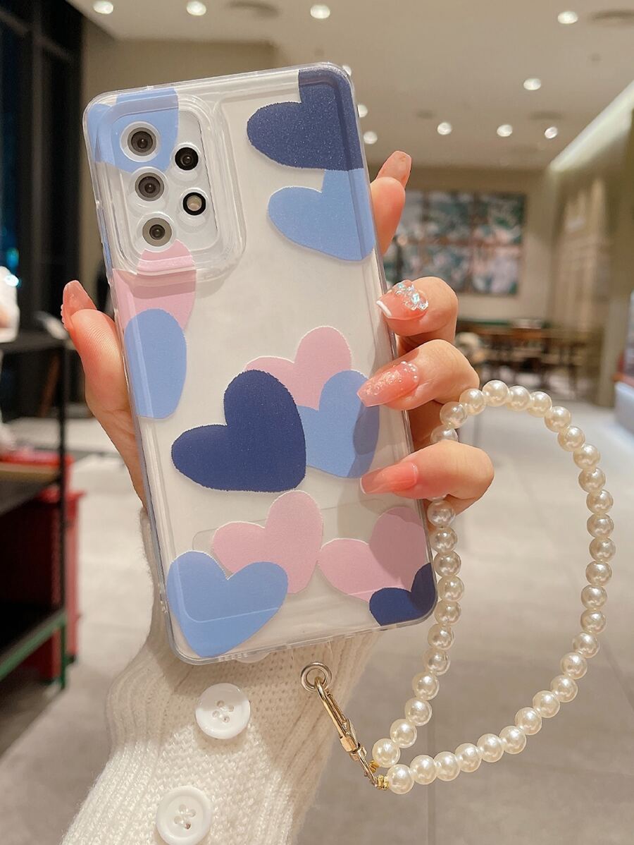Heart Pattern Clear Phone Case With Faux Pearl Lanyard,International Version, Not The Domestic Version - Multicolor - View 1