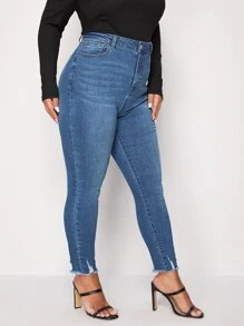 Jeans ajustados de talle alto desgarro ribete sin dobladillo - Azul lavado medio - Ver 5