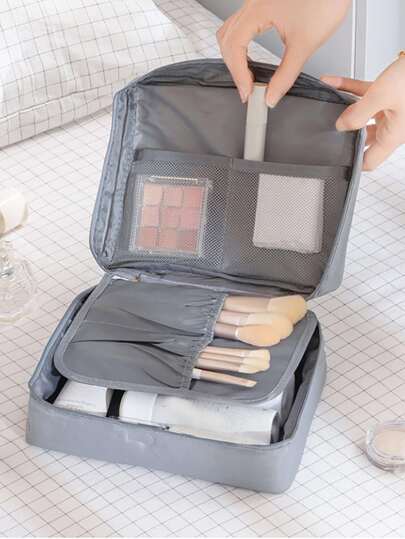 1pc Grey Toiletry Travel Bag, Minimalist Polyester Portable Makeup Organizer For Travel
