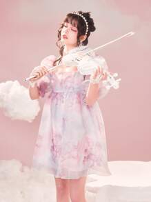 滿版印花泡泡袖歐根紗洋裝 - 彩色 - 查看 5