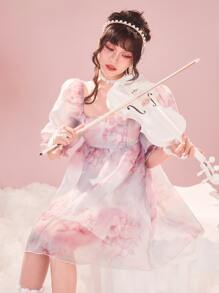 滿版印花泡泡袖歐根紗洋裝 - 彩色 - 查看 6
