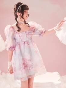 滿版印花泡泡袖歐根紗洋裝 - 彩色 - 查看 7