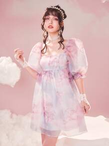 滿版印花泡泡袖歐根紗洋裝 - 彩色 - 查看 10