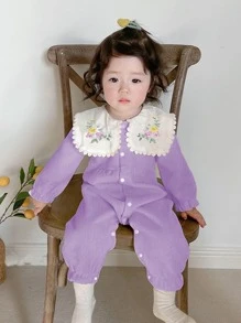 嬰兒花卉刺繡彼得潘領前紐扣連身褲 - 紫丁香色 - 查看 3