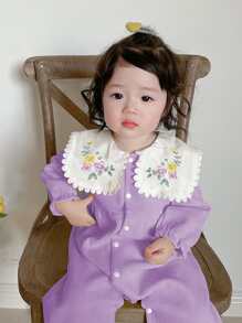 嬰兒花卉刺繡彼得潘領前紐扣連身褲 - 紫丁香色 - 查看 5