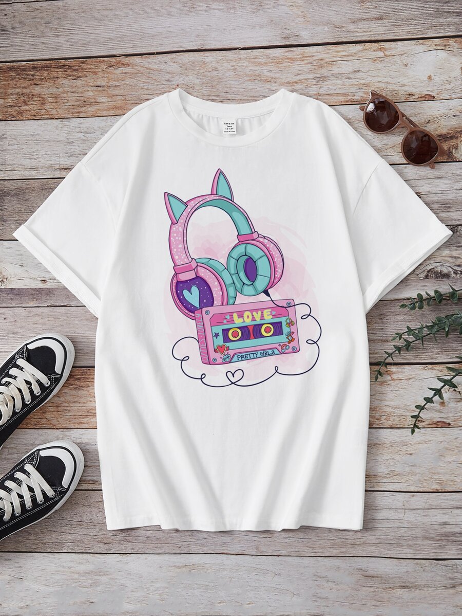 Áo thun tay ngắn in họa tiết hoạt hình hở vai thể thao thường ngày cho bé gái tuổi teen, mùa hè - trắng - Xem 1