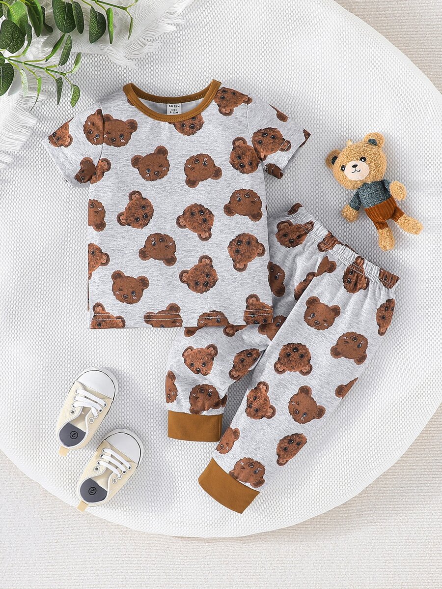 男嬰小熊印花滾邊T恤和運動褲 - 灰色 - 查看 1