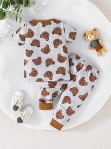 男嬰小熊印花滾邊T恤和運動褲 - 灰色 - 查看 2