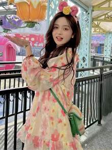 Vestido smock floral bajo con fruncido - Multicolor - Ver 2