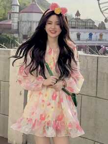 Vestido smock floral bajo con fruncido - Multicolor - Ver 3