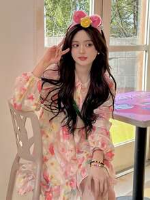 Vestido smock floral bajo con fruncido - Multicolor - Ver 4