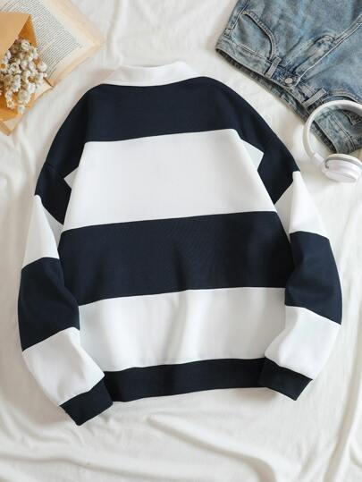 Sudadera de color combinado con estampado de letra con cremallera cuarta de hombros caídos