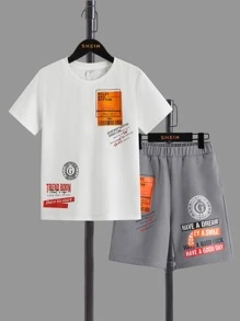 SHEIN Tween Boy Casual Printed Pattern Round Neck Short Sleeve T-Shirt And Printed Shorts 2 Piece Set