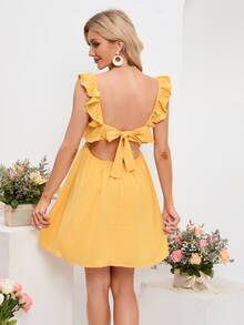 Double Crazy Swiss Dot Ruffle Trim Cami Dress - Yellow - View 2