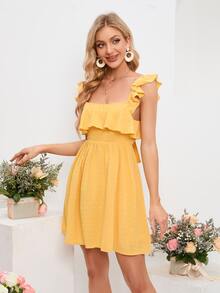 Double Crazy Swiss Dot Ruffle Trim Cami Dress - Yellow - View 3