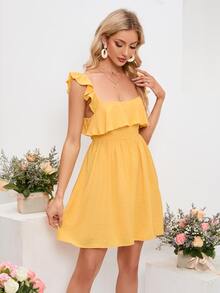 Double Crazy Swiss Dot Ruffle Trim Cami Dress - Yellow - View 4