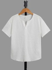 SHEIN Boys Solid Notched Neck Shirt - White - View 1