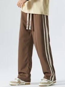 男士側拼接織帶腰部抽繩長褲 - 棕色 - 查看 1