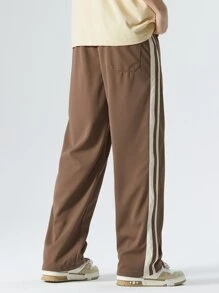 男士側拼接織帶腰部抽繩長褲 - 棕色 - 查看 2