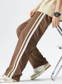 男士側拼接織帶腰部抽繩長褲 - 棕色 - 查看 3