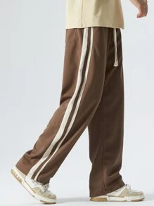 男士側拼接織帶腰部抽繩長褲 - 棕色 - 查看 4