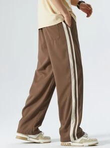 男士側拼接織帶腰部抽繩長褲 - 棕色 - 查看 6