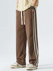 男士側拼接織帶腰部抽繩長褲 - 棕色 - 查看 7