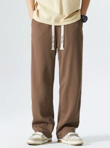 男士側拼接織帶腰部抽繩長褲 - 棕色 - 查看 8