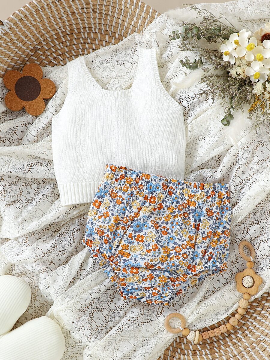 Baby Solid Tank Knit Top & Floral Pattern Shorts - Multicolor - View 1