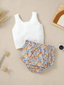 Baby Solid Tank Knit Top & Floral Pattern Shorts - Multicolor - View 2