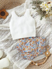Baby Solid Tank Knit Top & Floral Pattern Shorts - Multicolor - View 4